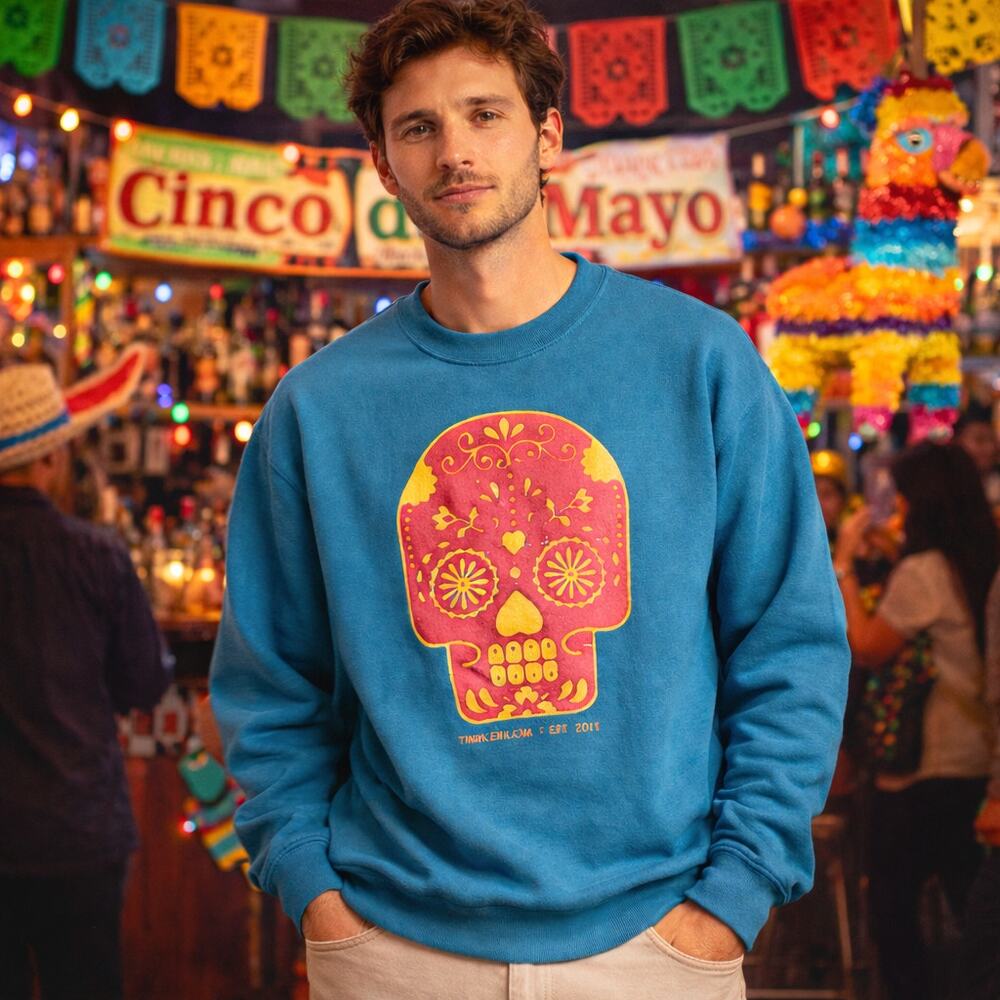 Mens M Day of The Dead Blue Sweatshirt Red Skull Calavera Dia de Muertos Sweater